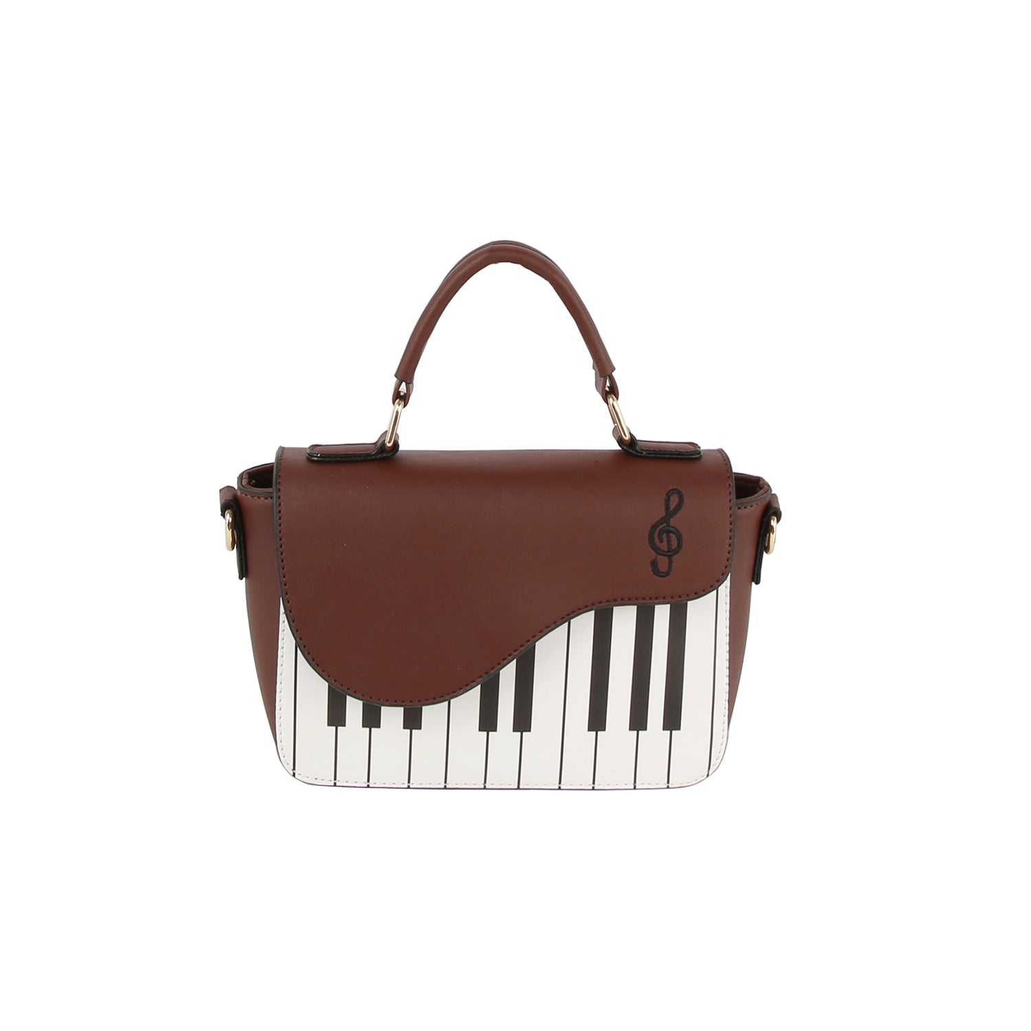 The Stylish Piano Design Hand Tote is a brown faux leather handbag with a carrying handle, featuring piano keys and a treble clef on the front flap.