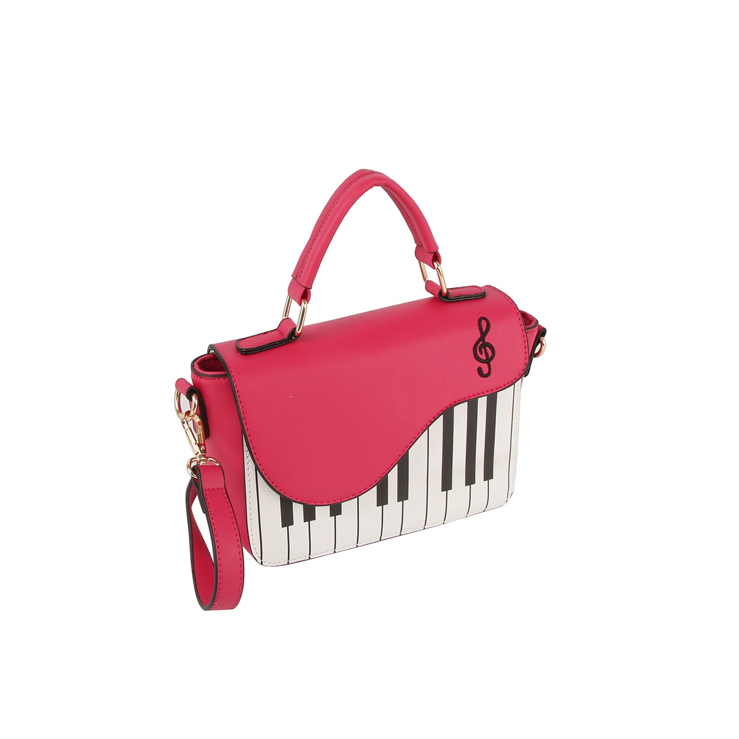The Stylish Piano Design Hand Tote is a pink faux leather bag with a handle and wrist strap, piano keys on the front, and a black treble clef symbol on the flap.