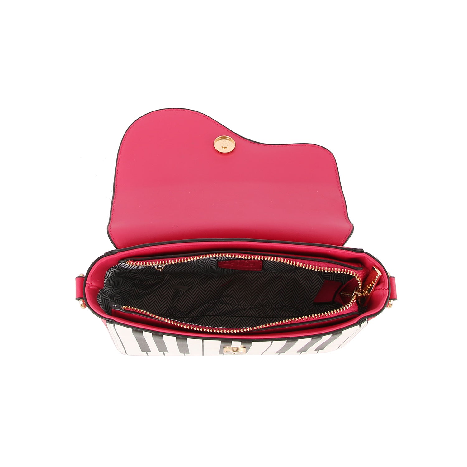 A top-down view of the Stylish Piano Design Hand Tote, featuring a red flap with gold snap closure, a black-and-white striped faux leather exterior, and a patterned black interior with a zippered pocket.
