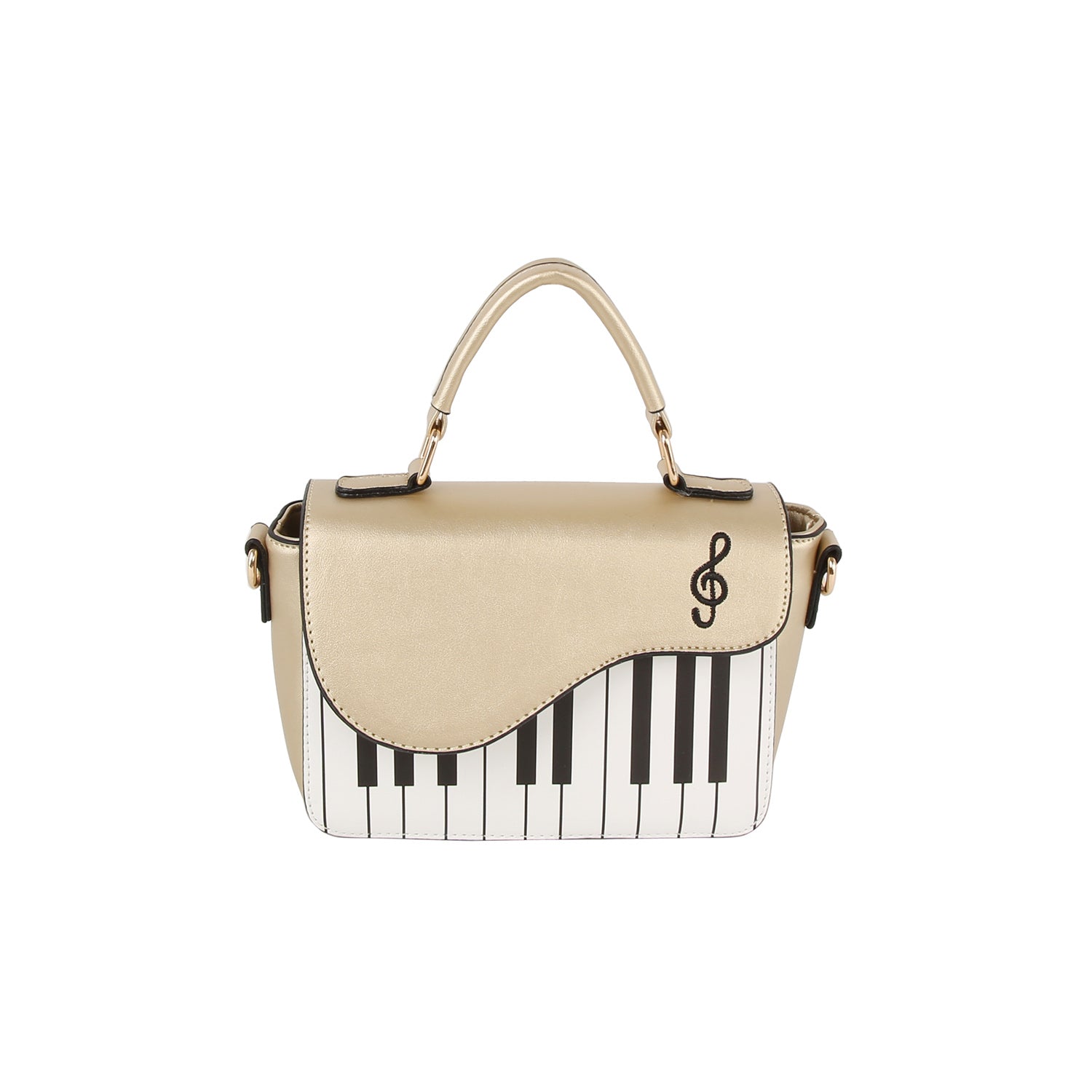 The Stylish Piano Design Hand Tote is a gold faux leather handbag with a handle, featuring a flap with piano keys and a black treble clef symbol.