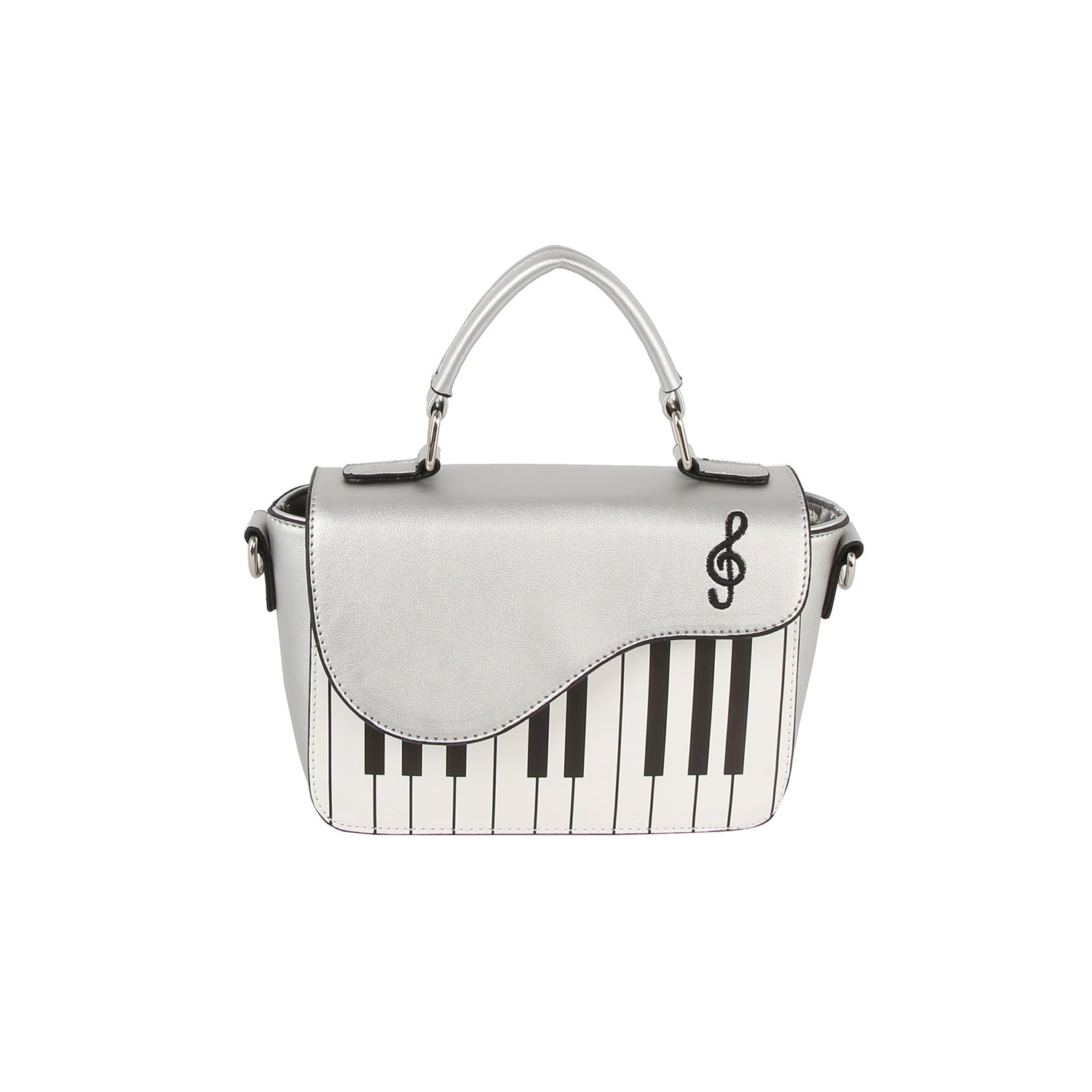 The Stylish Piano Design Hand Tote features sleek faux leather with black and white keys, a treble clef on the silver flap, a carrying handle, and side straps for easy carrying.