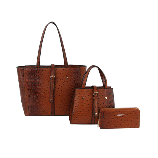 Embossed Three Piece Tote Handbag Set