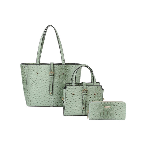 Embossed Three Piece Tote Handbag Set