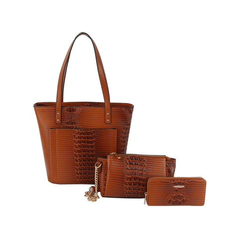 Embossed Stunning 3-Piece Tall Tote Handbag Set