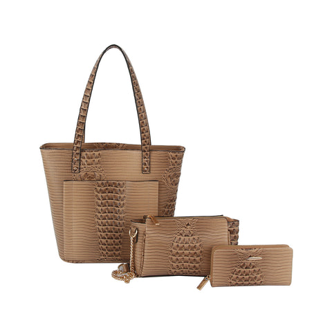 Embossed Stunning 3-Piece Tall Tote Handbag Set