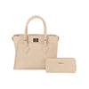 The Classic Tote Two Piece Set includes a beige faux leather, tablet-compatible bag with gold-tone hardware and two handles, shown alongside a matching zippered wallet on a plain white background.