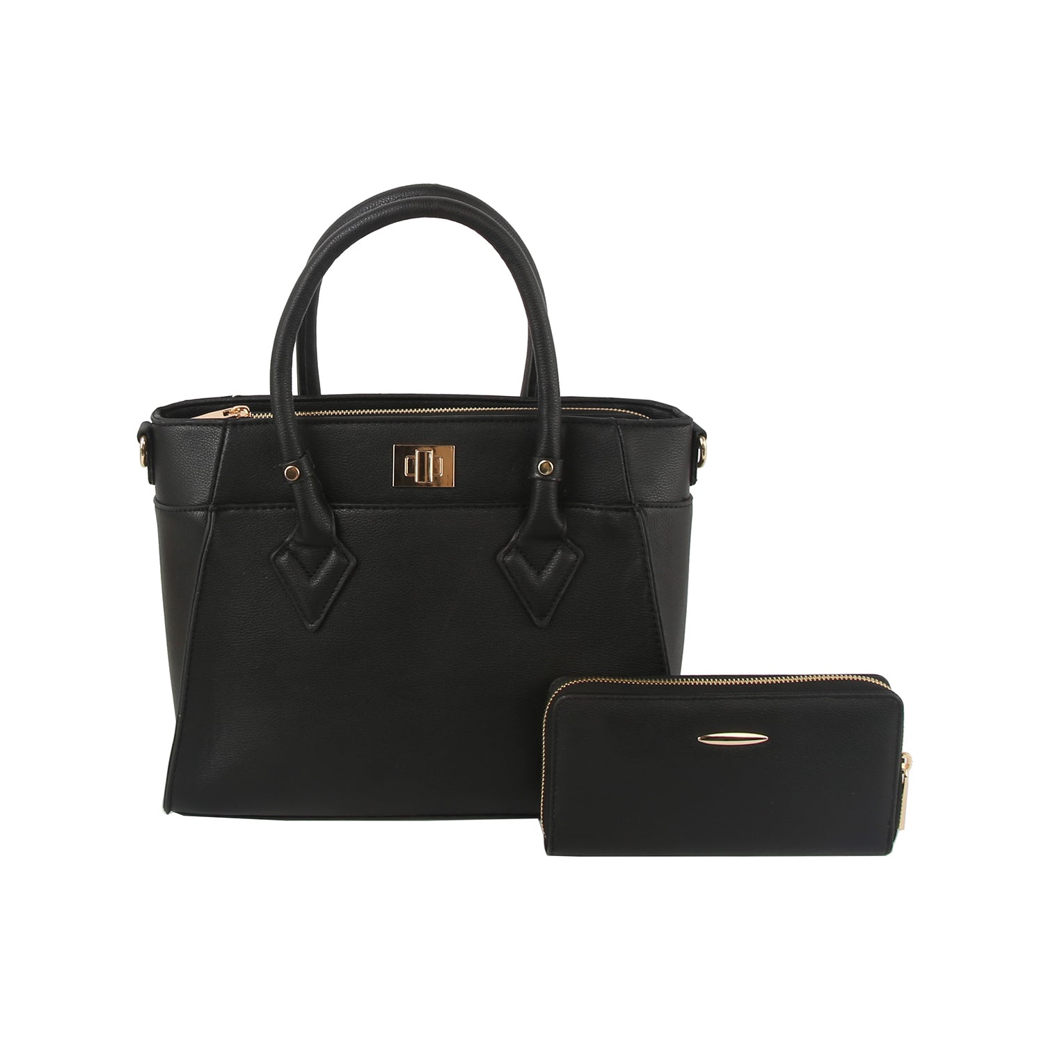 The Classic Tote Two Piece Set features a black faux leather bag with gold-tone hardware and dual handles, plus a matching black zippered wallet, both shown on a white background.