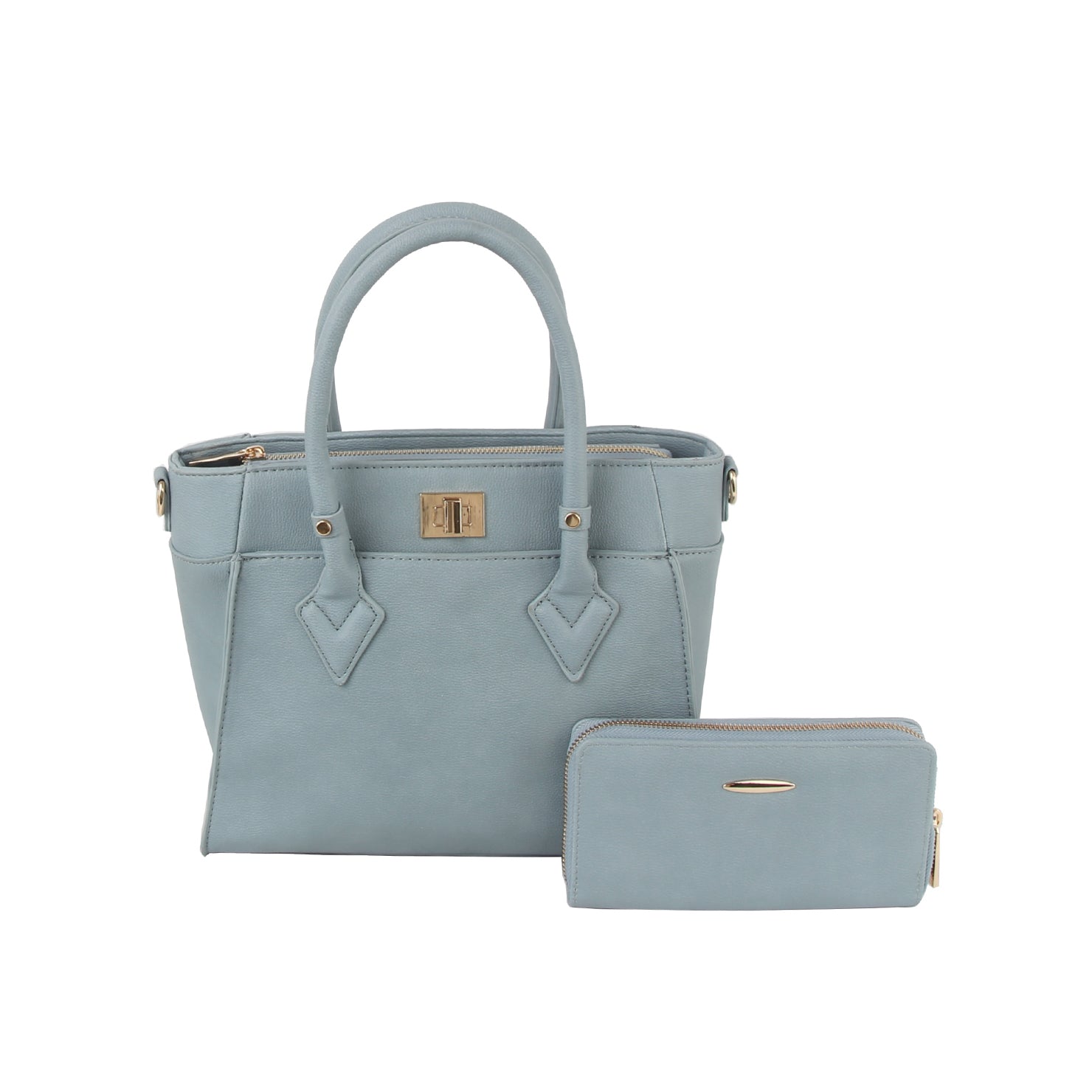 The Classic Tote Two Piece Set features a light blue faux leather bag with dual handles and gold-toned hardware, plus a matching zippered wallet. Tablet compatible, its perfect for everyday convenience.