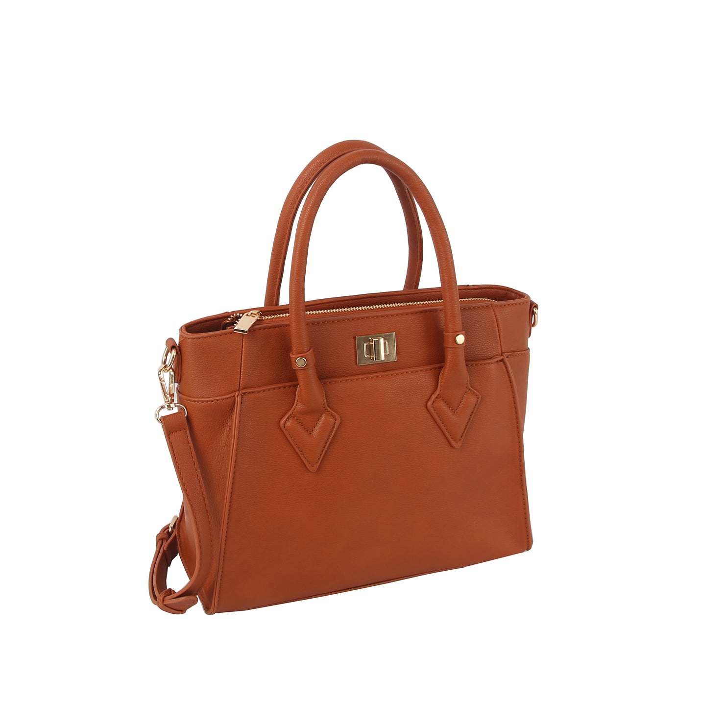 The Classic Tote Two Piece Set is a brown faux leather bag with two handles, a detachable shoulder strap, gold-toned hardware, and a front clasp closure, displayed against a white background.