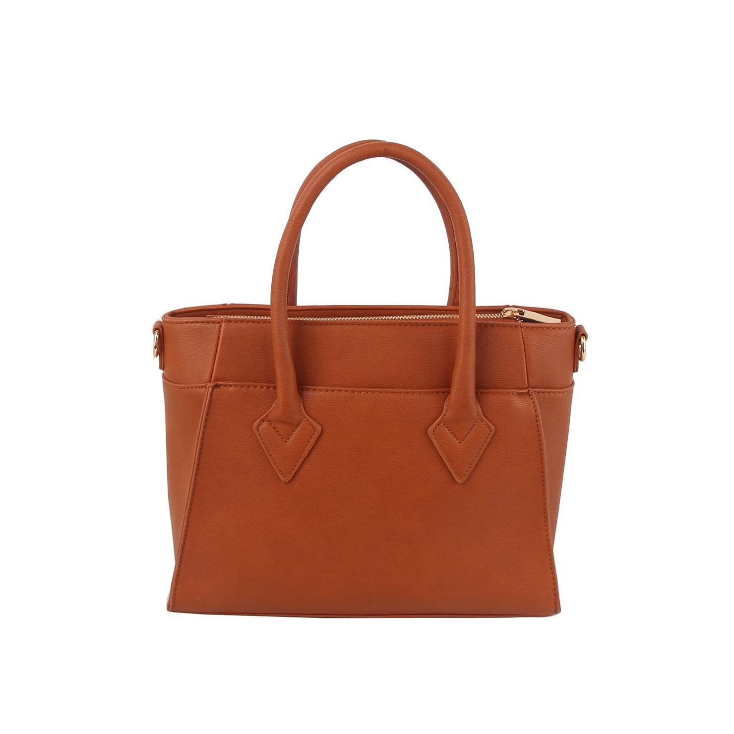 The Classic Tote Two Piece Set is a brown faux leather bag with dual handles, gold-toned hardware, a zippered top, and a structured, minimalist design, displayed against a white background.
