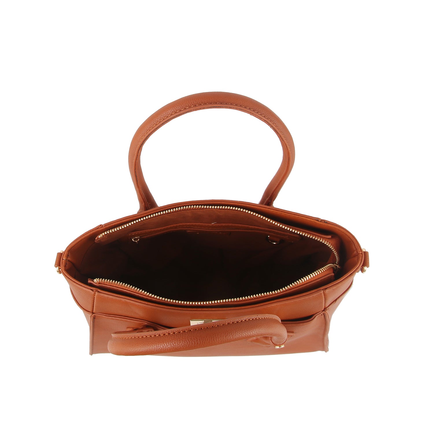 Top view of the Classic Tote Two Piece Set in brown faux leather, featuring two handles, gold-toned hardware, a spacious dark-lined interior that fits a tablet, and a side zippered pocket.