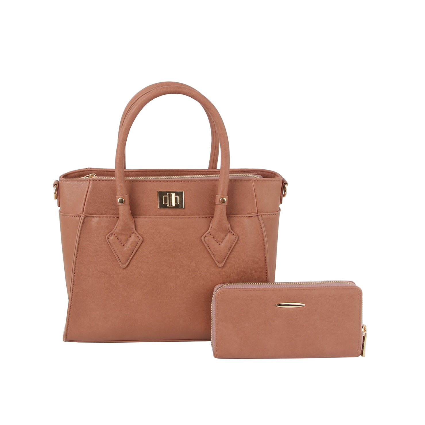 The Classic Tote Two Piece Set includes a brown faux leather bag with two handles and gold hardware, plus a matching zippered wallet. Both items offer simple elegance, are tablet compatible, and perfect for everyday use.