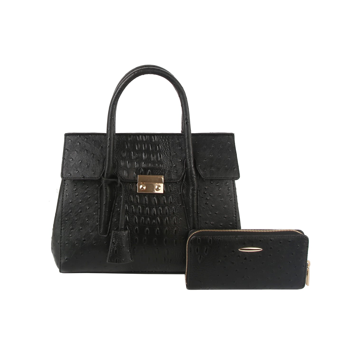 The Embossed Classic Tote Handbag Set, featuring a black faux leather tote with gold-toned hardware and top handle, is shown beside a coordinating black zippered wallet, both placed on a white background.
