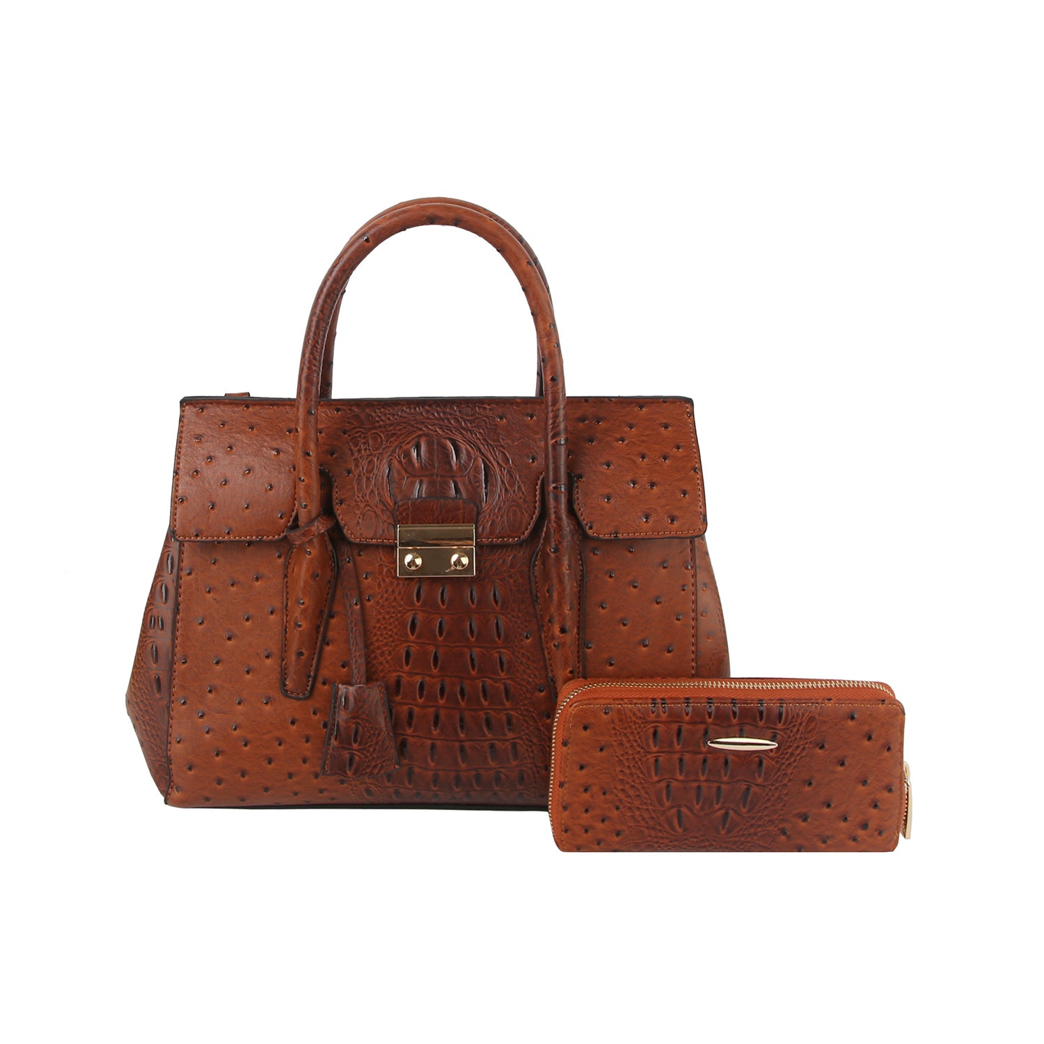 The Embossed Classic Tote Handbag Set features a brown faux leather tote and matching wallet with crocodile or ostrich skin patterns and gold-toned hardware, displayed against a white background.