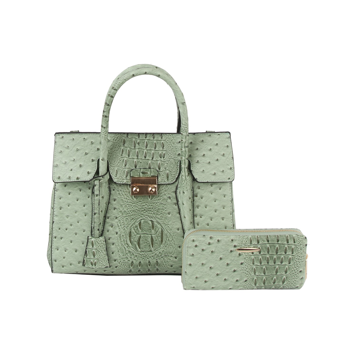 The Embossed Classic Tote Handbag Set features a light green faux leather tote with ostrich texture, top handle, gold-toned hardware, and a matching zippered wallet—all displayed on a white background.