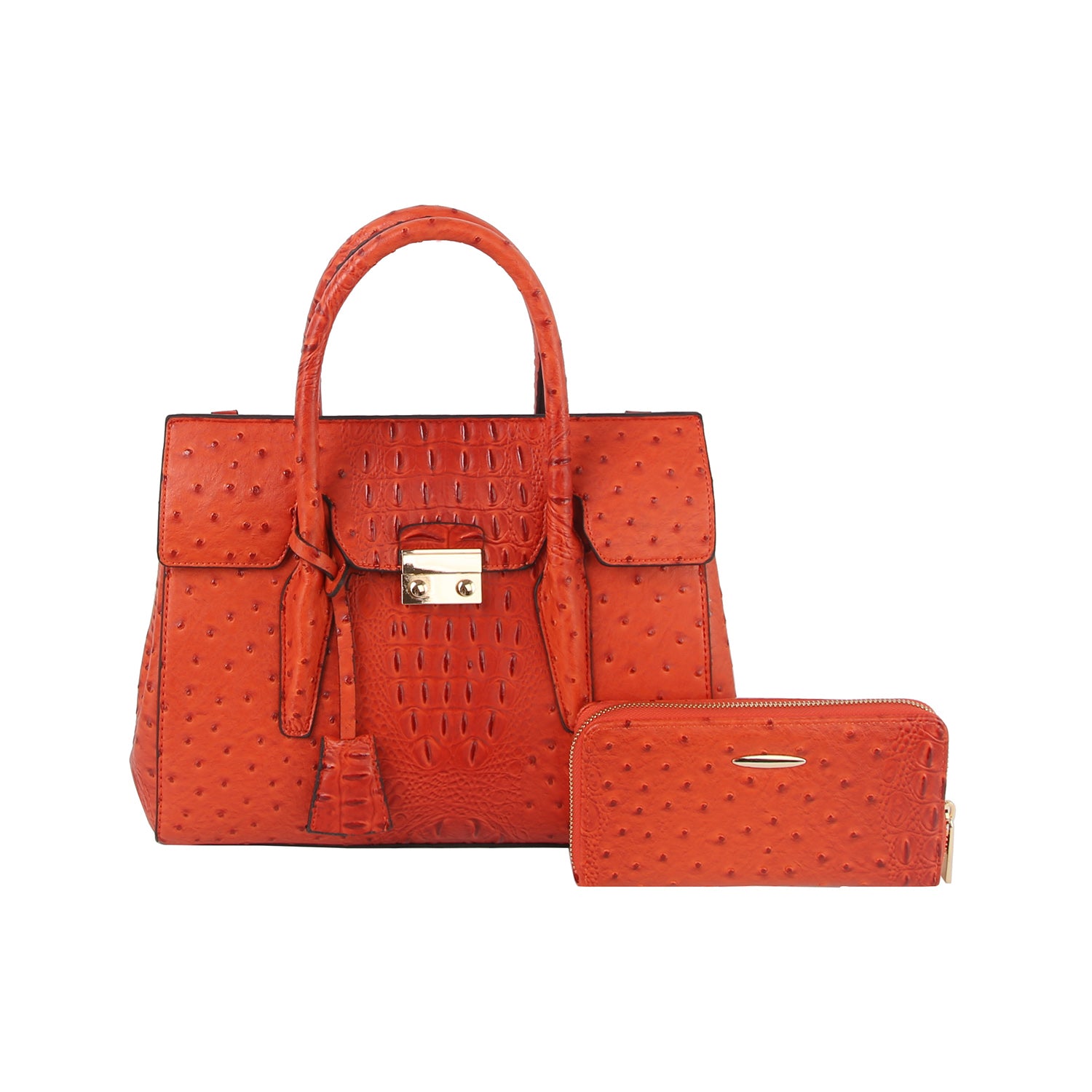 The Embossed Classic Tote Handbag Set features a textured orange faux leather tote with gold hardware, top handle, and matching zippered wallet. Both have an embossed pattern—stylish, everyday pieces that fit a tablet.