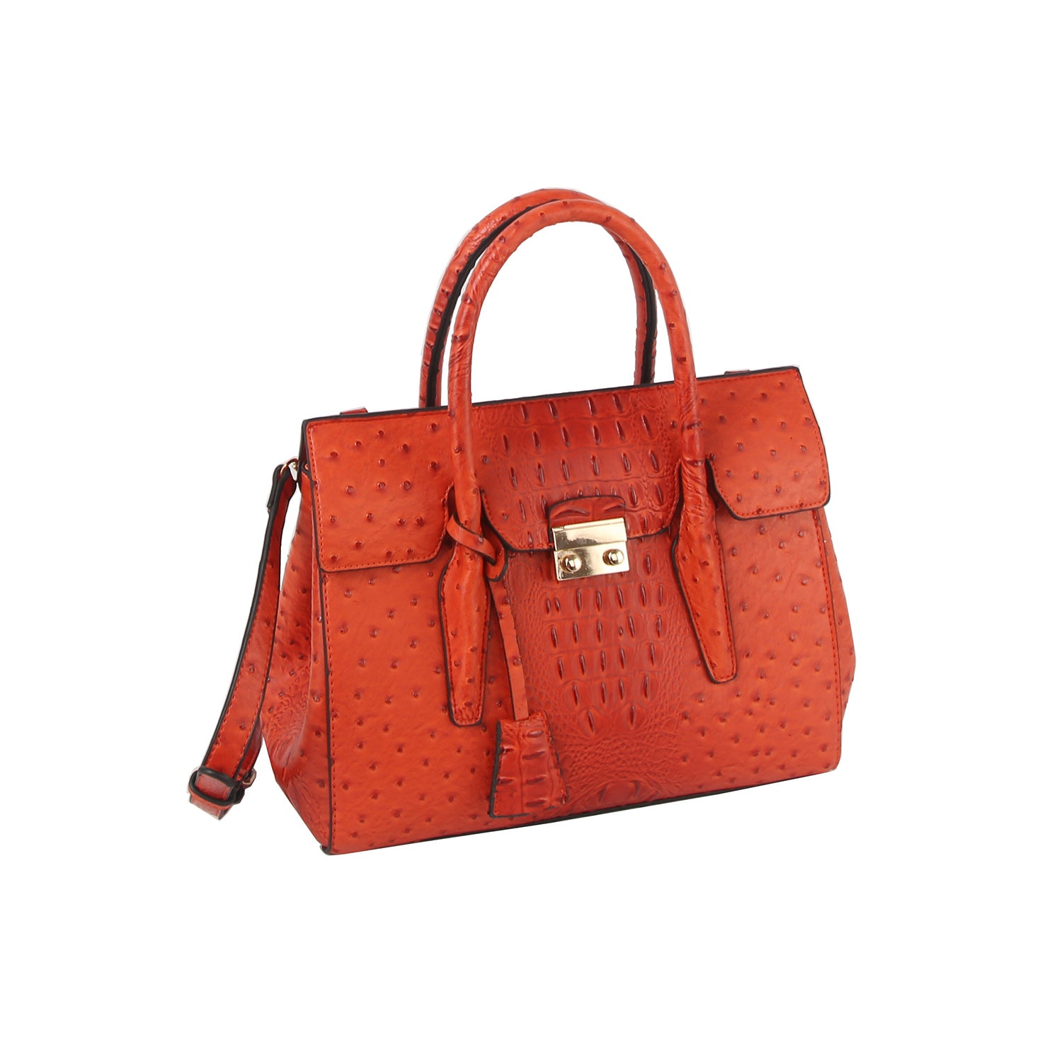 The Embossed Classic Tote Handbag Set features a structured orange faux leather design with ostrich-like texture, gold-toned hardware, top handle, detachable shoulder strap, and front flap closure—perfect for carrying your tablet.