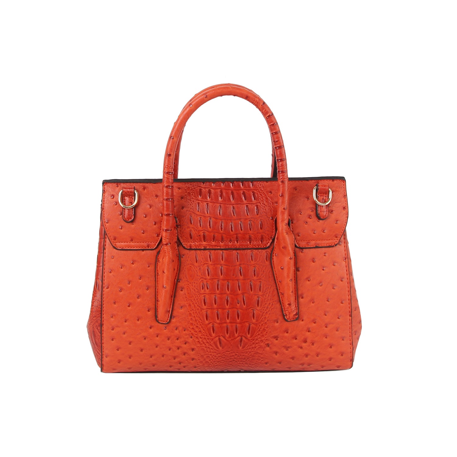 The Embossed Classic Tote Handbag Set features bright orange faux leather with a textured ostrich pattern, two handles, and gold-tone hardware. This stylish tote is tablet compatible and blends fashion with function. Displayed on a white background.