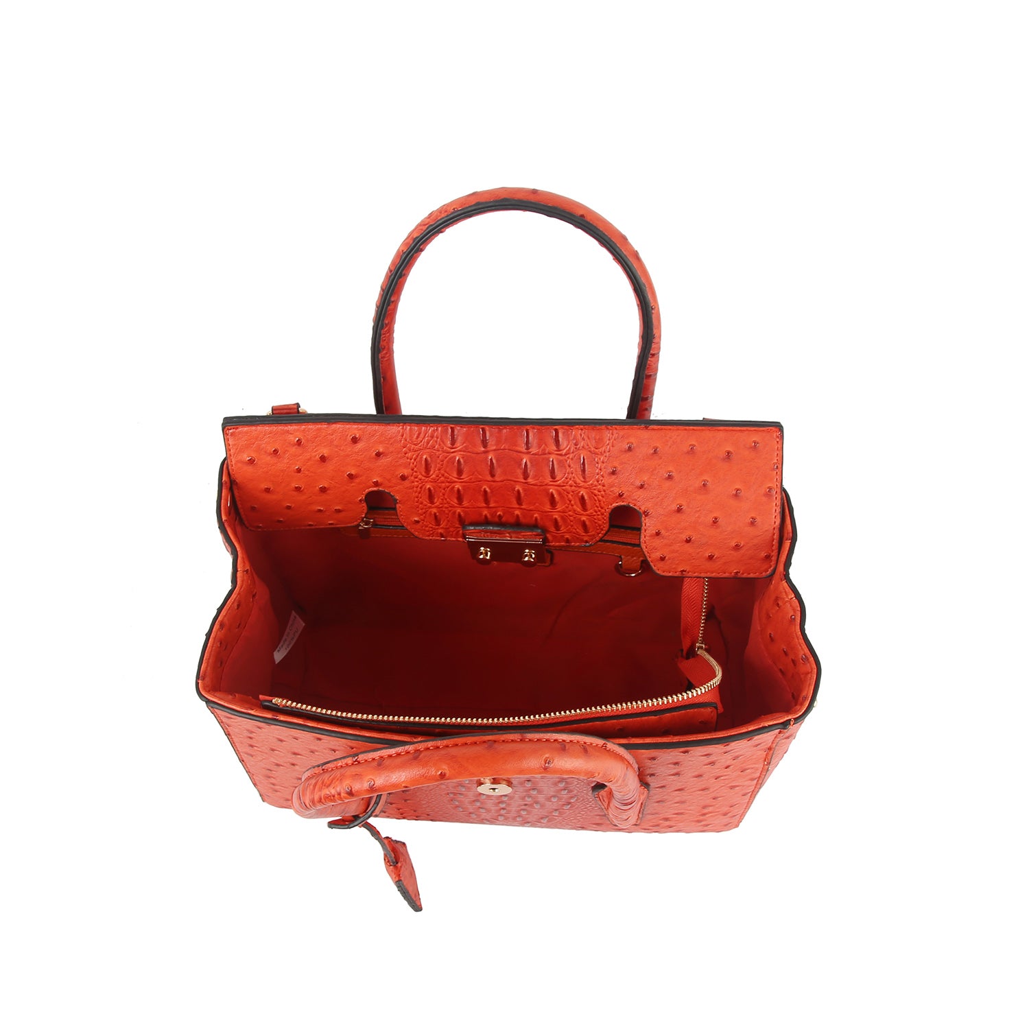 Top view of the Embossed Classic Tote Handbag Set in orange faux leather, featuring double handles, gold-tone hardware, a roomy interior with zip pocket—ideal as a stylish tablet-friendly bag.