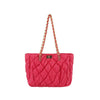 The Quilted Puffer Stylish Chain Accented Tote is a bright pink nylon handbag with gold-toned hardware, double handles, a quilted design, and a small rectangular clasp on the front, displayed against a white background.