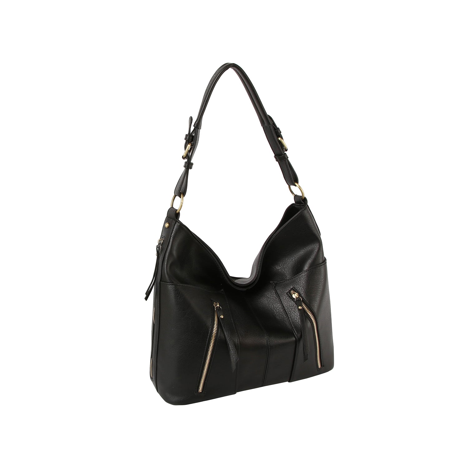 The Multi Pocket Classic Hobo Handbag in black faux leather features gold hardware, two front zippered pockets, double handles, and adjustable straps, shown on a white background.
