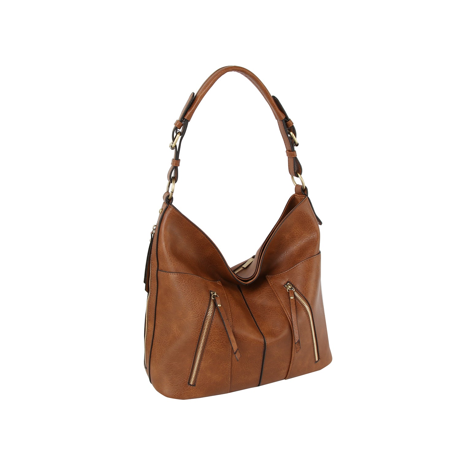 The Multi Pocket Classic Hobo Handbag features brown faux leather, double handles, gold-tone hardware, and several zippered front pockets, shown against a white background.