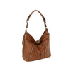 The Multi Pocket Classic Hobo Handbag features brown faux leather, double handles, gold-tone hardware, and several zippered front pockets, shown against a white background.