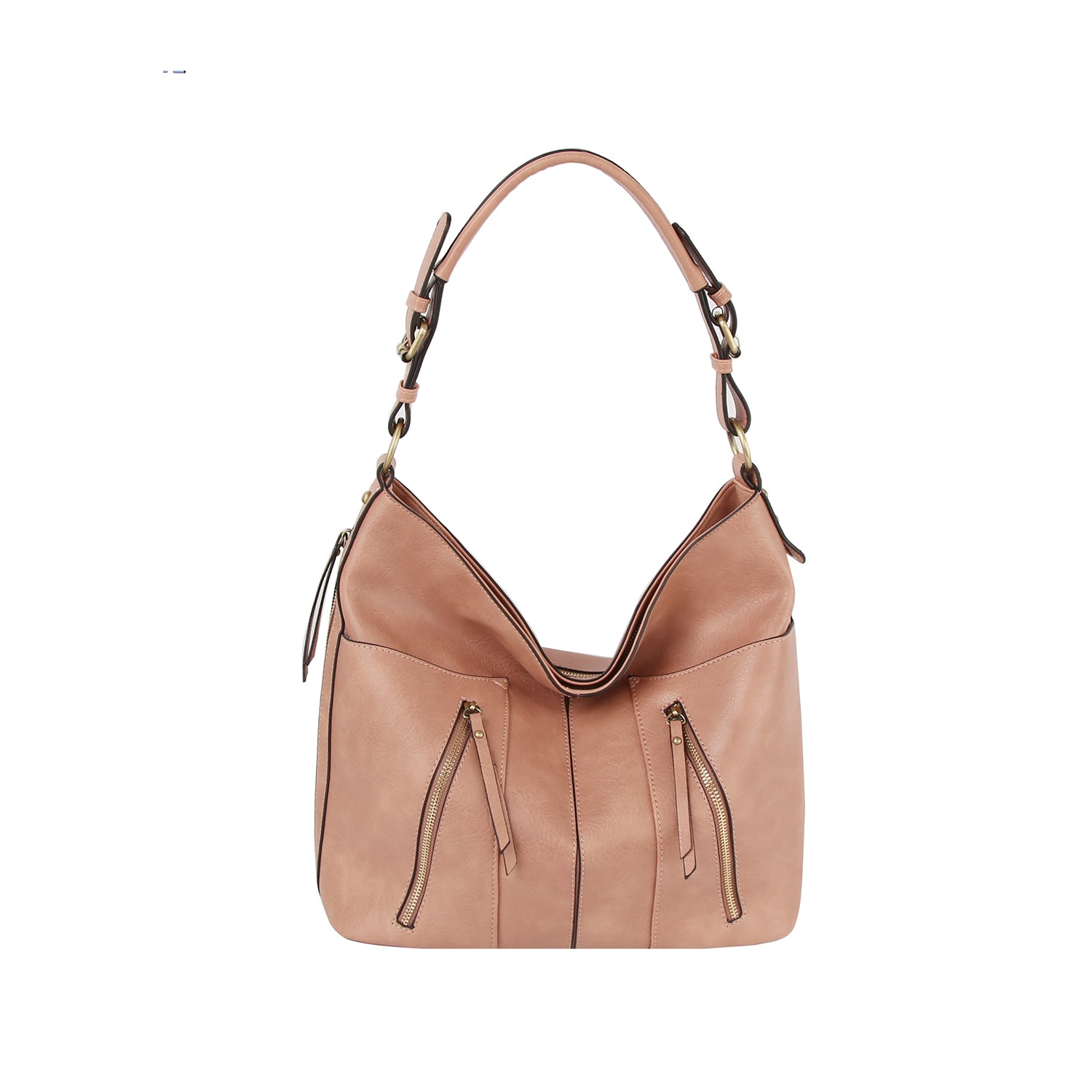 The Multi Pocket Classic Hobo Handbag in blush pink faux leather features a curved top, adjustable shoulder strap, gold-tone hardware, two front zipper pockets, and is tablet compatible—blending style and function for daily use.