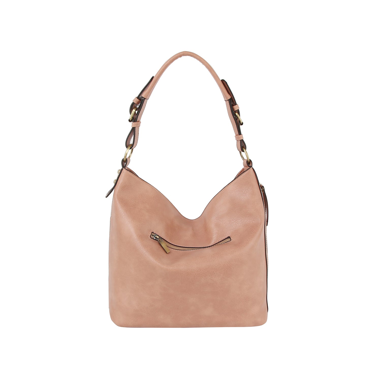 The Multi Pocket Classic Hobo Handbag in light pink faux leather features a single top handle, gold-tone hardware, and a front zip pocket. Displayed on a plain white background, its tablet compatible for everyday convenience.