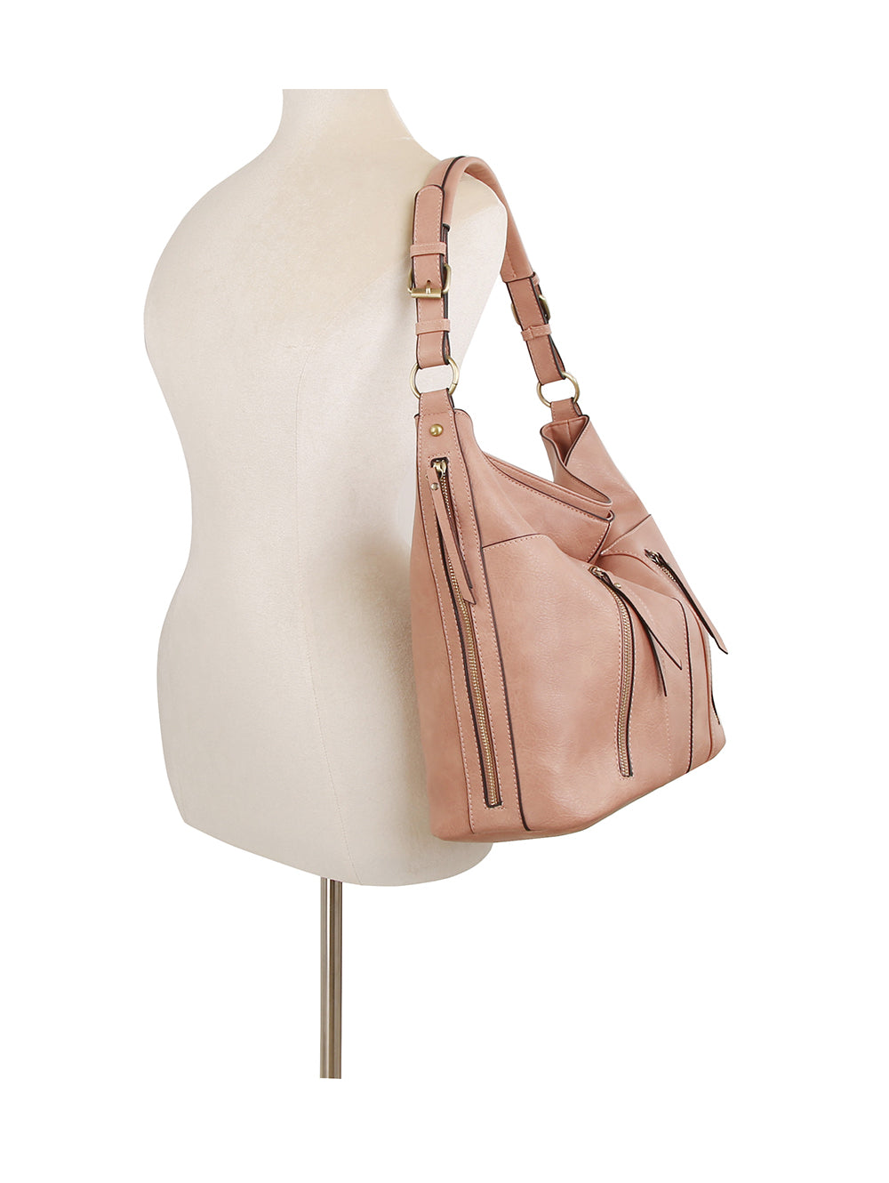 The Multi Pocket Classic Hobo Handbag in blush pink faux leather features gold-tone hardware, double handles, side zipper accents, and a front pocket, shown on a white dress form mannequin.