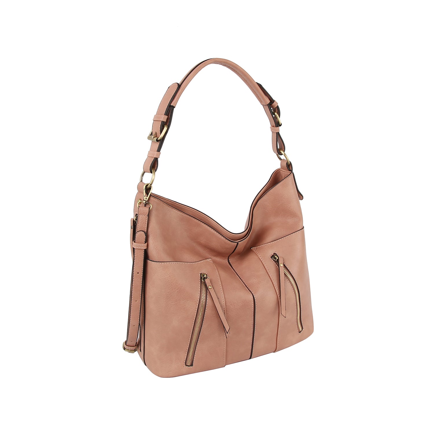 The Multi Pocket Classic Hobo Handbag features blush pink faux leather, gold-tone hardware, two front zip pockets, a slouchy shape, and a single shoulder strap—ideal as a chic, tablet-friendly bag for daily use.