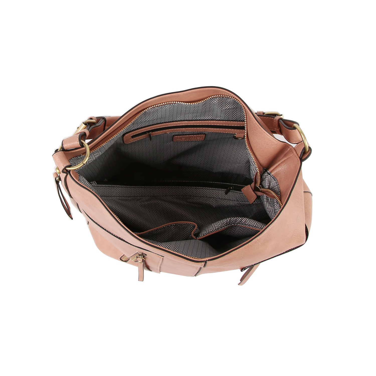 The Multi Pocket Classic Hobo Handbag in tan faux leather features double handles, a spacious patterned fabric-lined interior, multiple compartments, and zippered pockets—ideal for carrying a tablet and daily essentials.