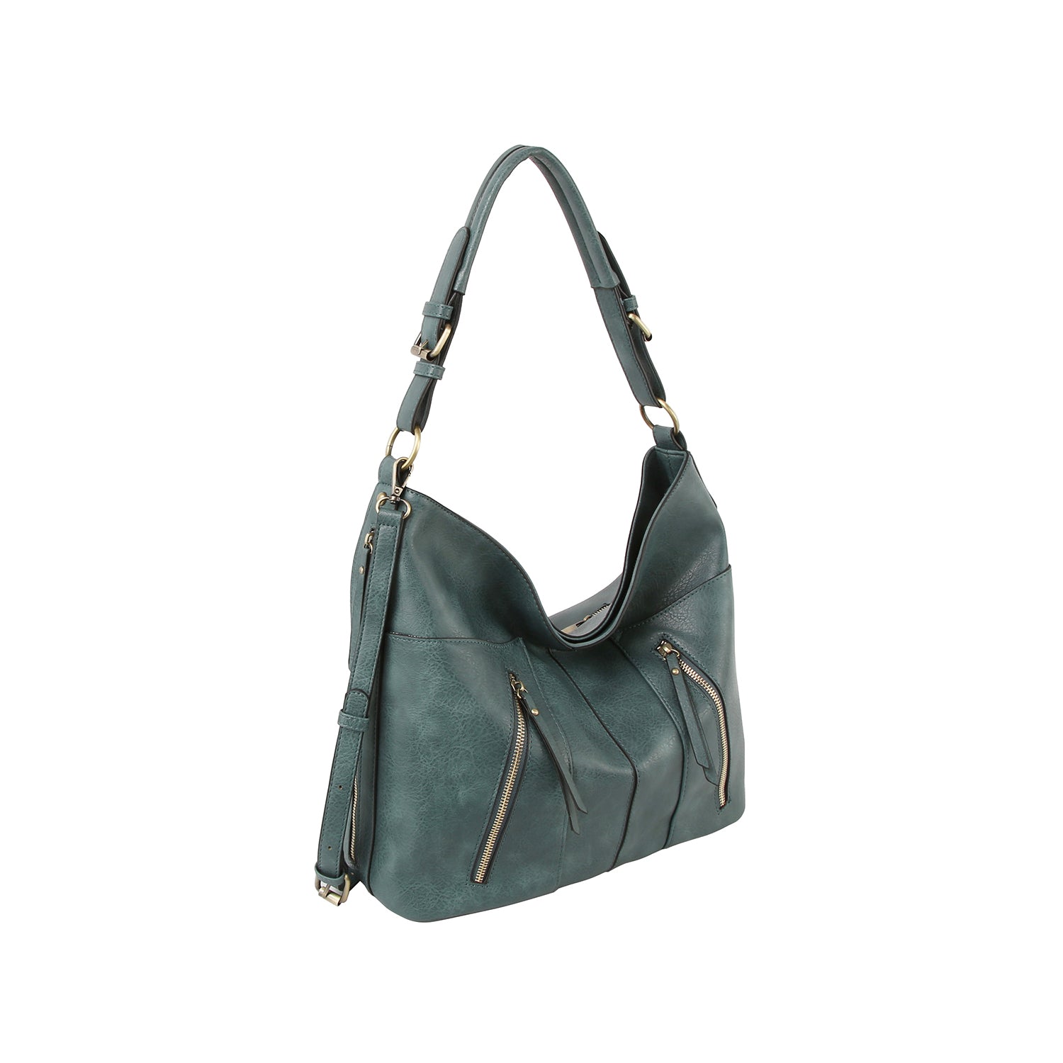 The Multi Pocket Classic Hobo Handbag in teal green faux leather features gold hardware, double handles, an adjustable strap, and two diagonal front zippered pockets, shown on a white background.
