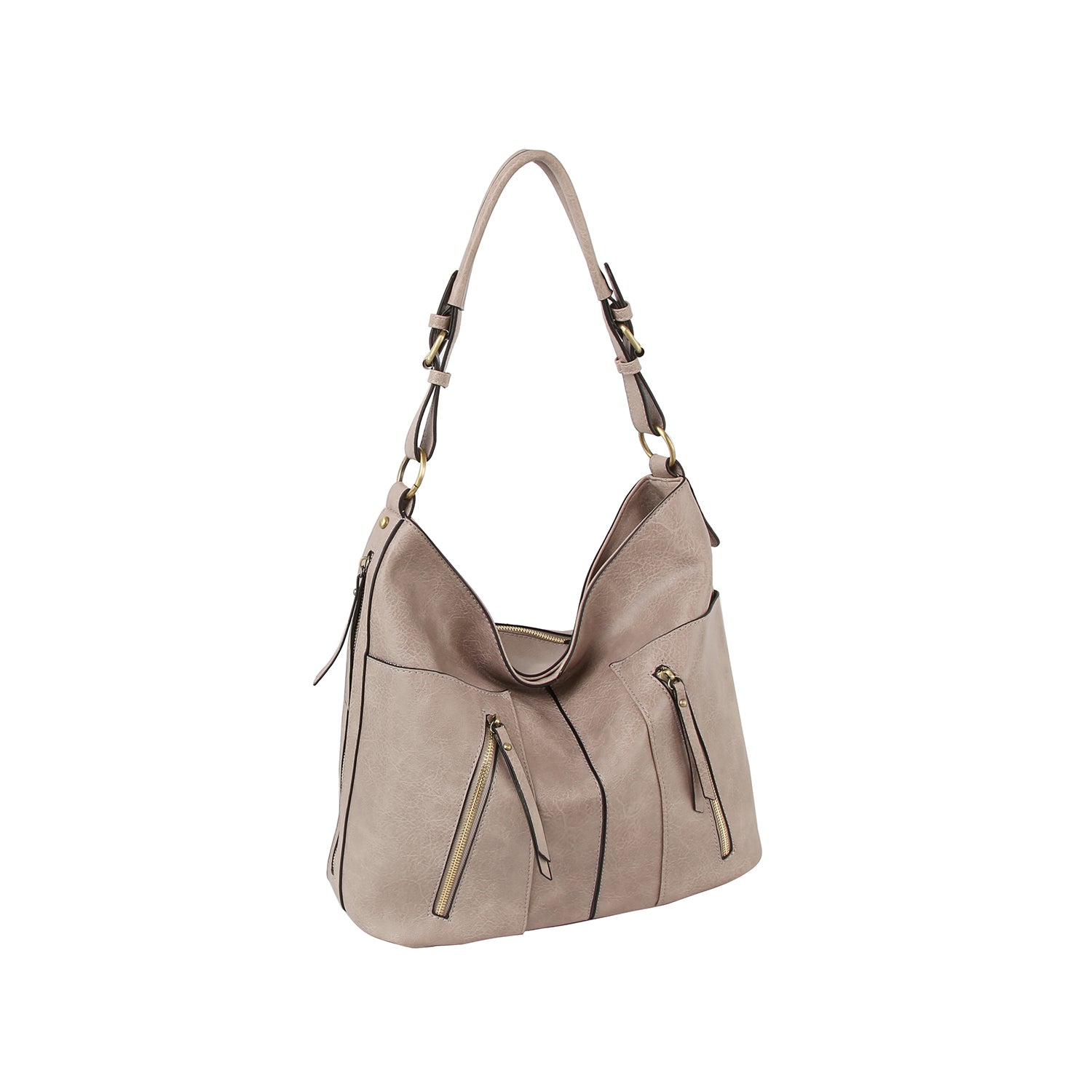 The Multi Pocket Classic Hobo Handbag features taupe faux leather, gold hardware, two front vertical zip pockets, dual adjustable strap buckles, and a slouchy minimalist design thats tablet compatible for daily use.
