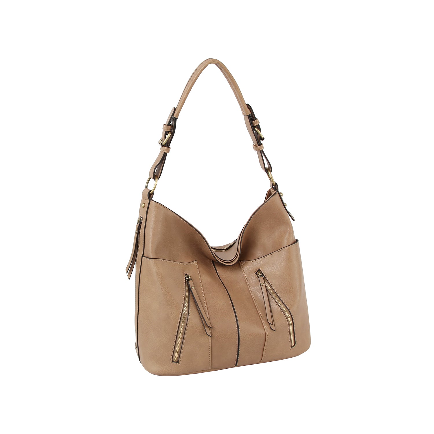The Multi Pocket Classic Hobo Handbag is a tan faux leather bag with a single strap, gold-tone hardware, two diagonal front zippered pockets with pull tabs, and a slightly slouchy, soft structure.