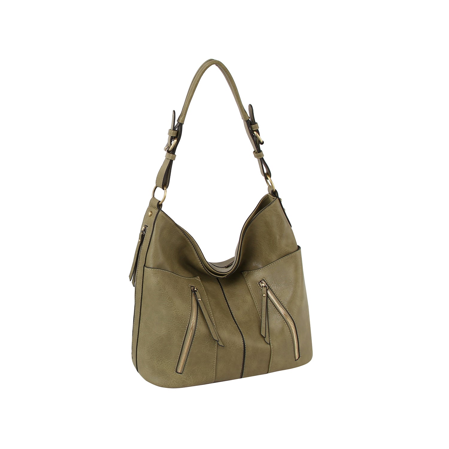 The Multi Pocket Classic Hobo Handbag in olive green faux leather features gold-tone hardware, three front zippered pockets, a single handle, tablet compatibility, and a slouchy minimalist design. Displayed on a white background.