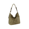 The Multi Pocket Classic Hobo Handbag in olive green faux leather features gold-tone hardware, three front zippered pockets, a single handle, tablet compatibility, and a slouchy minimalist design. Displayed on a white background.