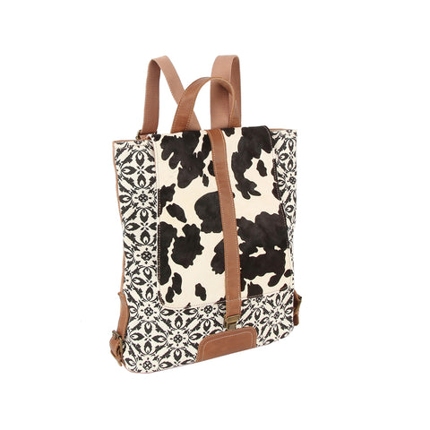 Cow Print Unique Style Backpack - Genuine Leather Trim