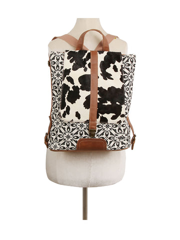 Cow Print Unique Style Backpack - Genuine Leather Trim