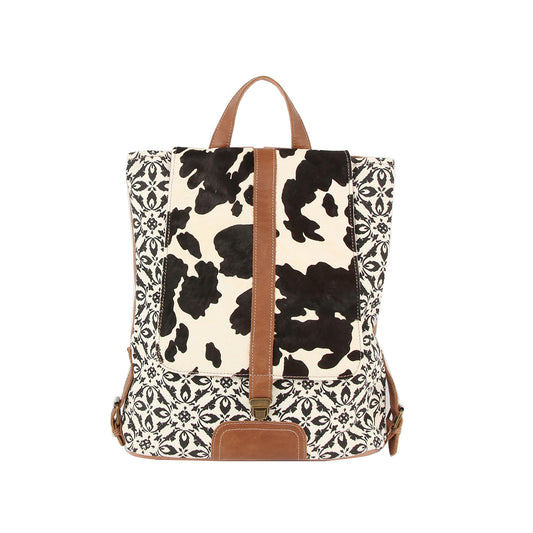 Cow Print Unique Style Backpack - Genuine Leather Trim