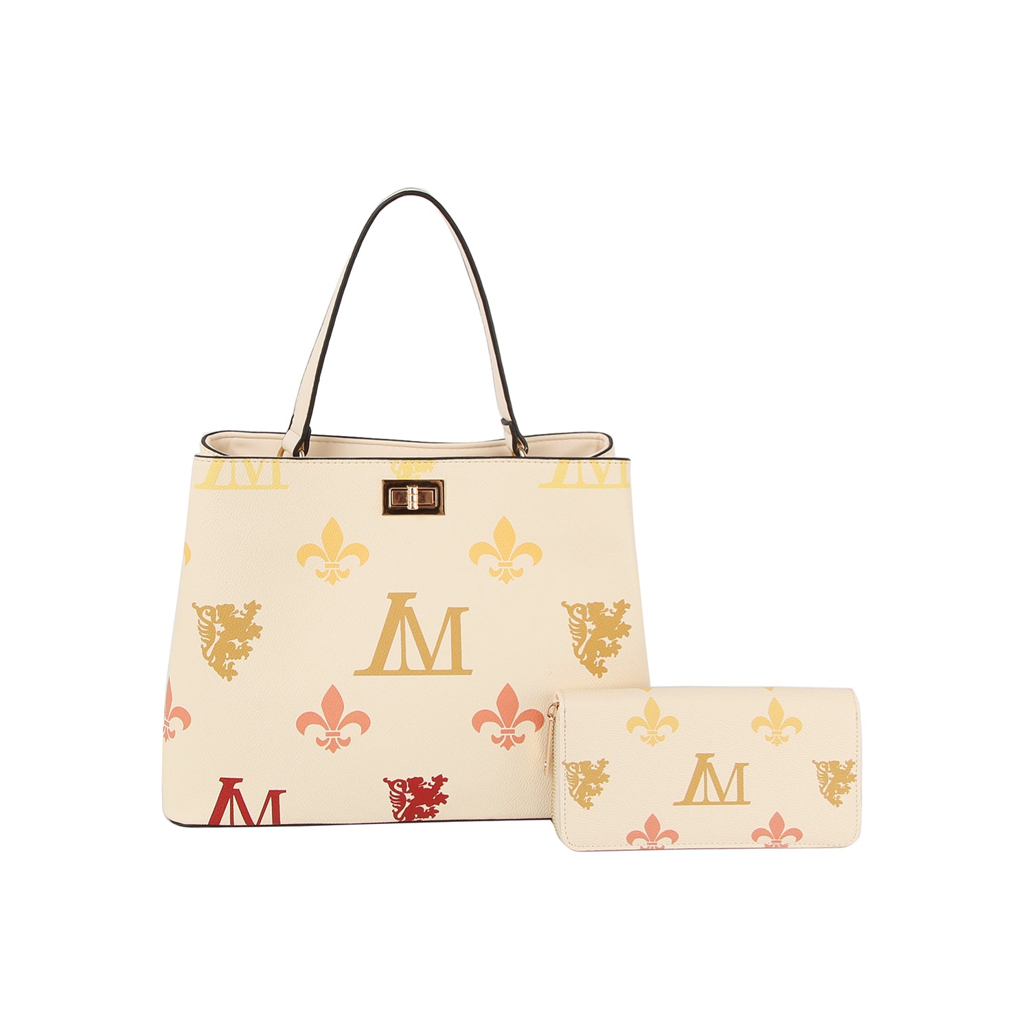 The Monogram Print Lux Faux Leather set includes a beige handbag and matching wallet, both featuring colorful fleur-de-lis, lion emblems, and gold letter M designs with red and pink accents plus elegant gold-toned hardware.