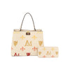 The Monogram Print Lux Faux Leather set includes a beige handbag and matching wallet, both featuring colorful fleur-de-lis, lion emblems, and gold letter M designs with red and pink accents plus elegant gold-toned hardware.