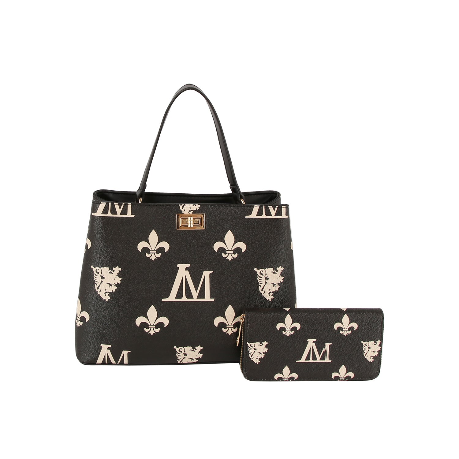 The Monogram Print Lux Faux Leather set includes a black handbag and matching wallet with cream fleur-de-lis designs, lion emblems, M details, two handles, gold clasp, and gold-toned hardware for sophisticated style.