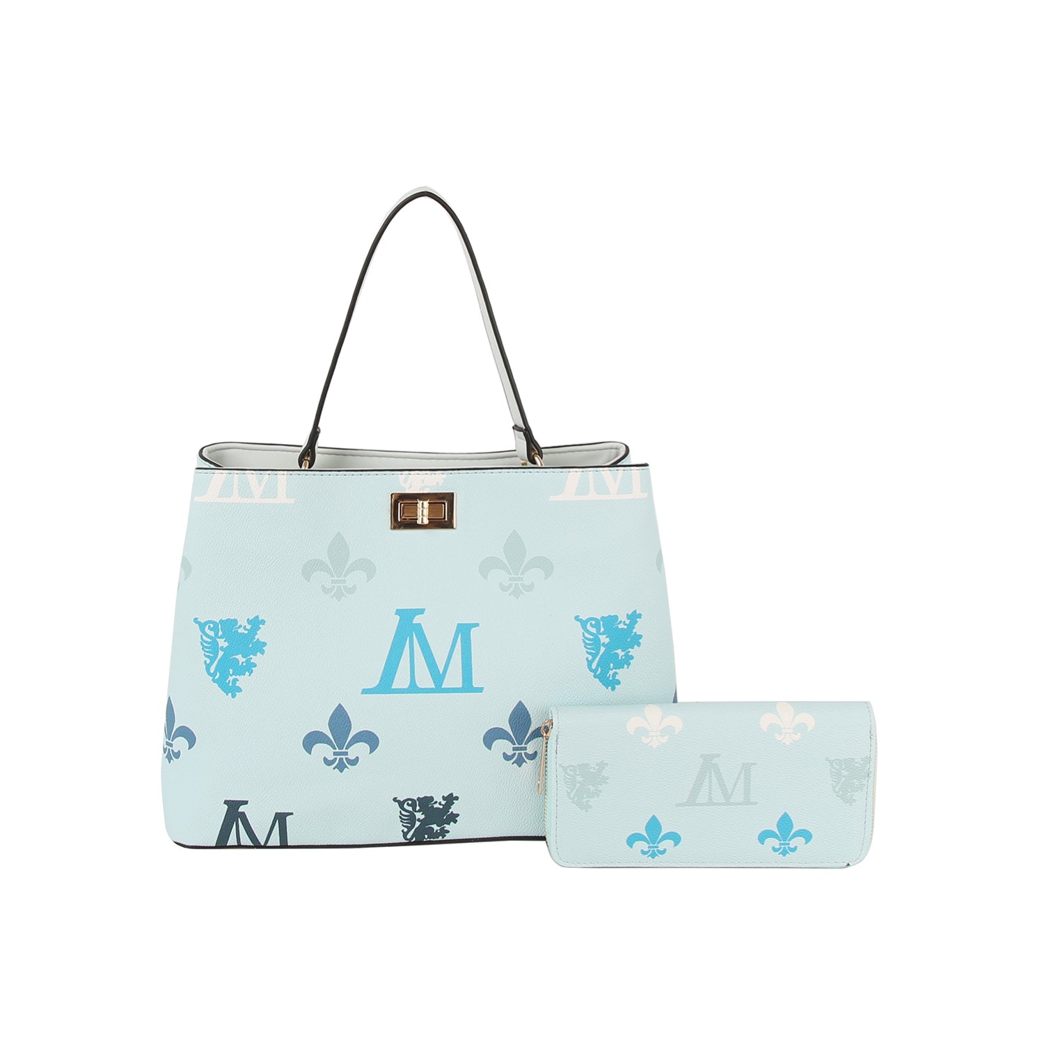 The Monogram Print Lux Faux Leather set includes a light blue handbag with black handles, gold-tone hardware, and matching wallet—both feature blue, white, and navy monograms, fleur-de-lis, lion motifs. Tablet compatible for daily use.