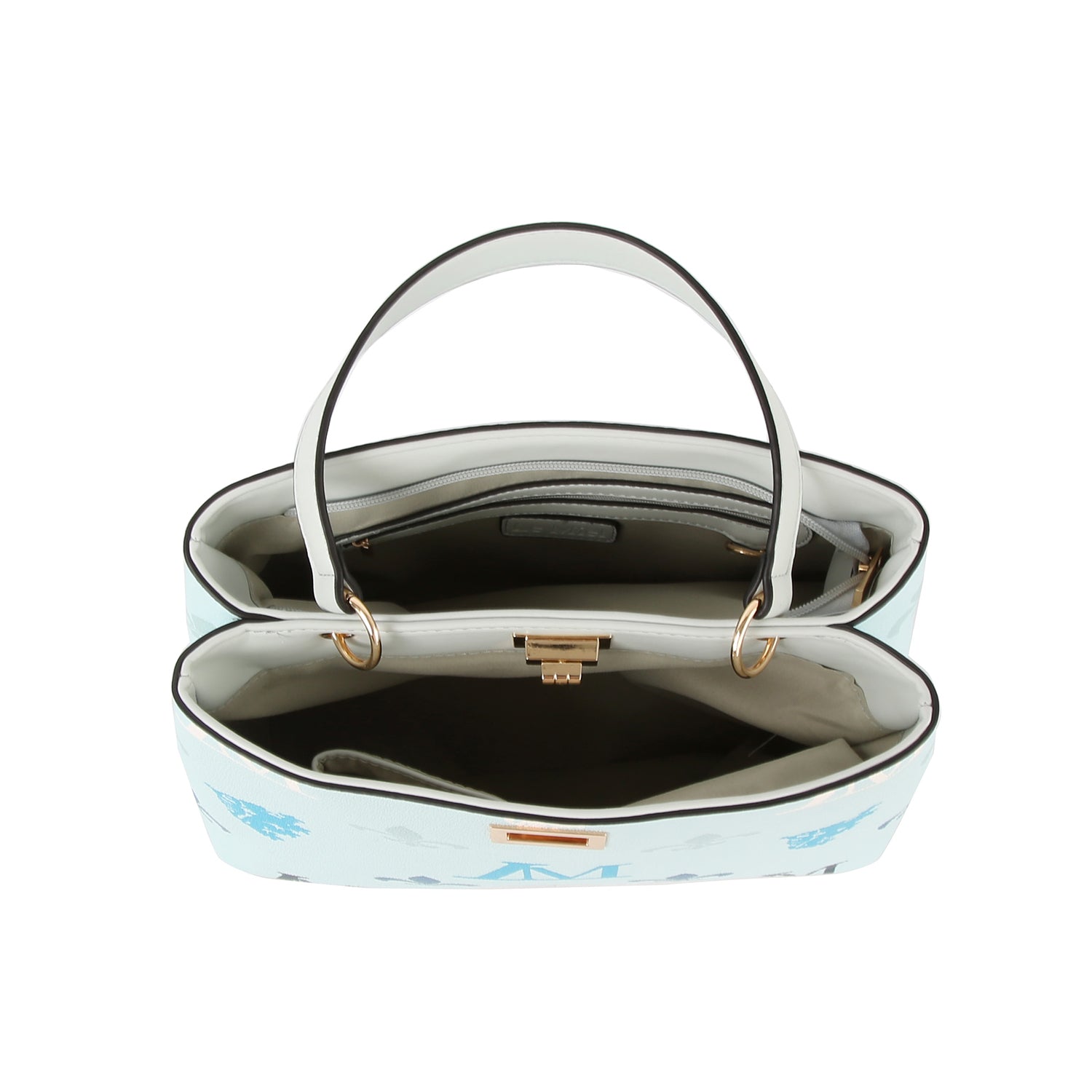 The Monogram Print Lux Faux Leather handbag, shown from above, features an open light blue design with two main compartments, gold-toned hardware, top handles, a beige interior with zip pocket, and is structured for tablet compatibility.