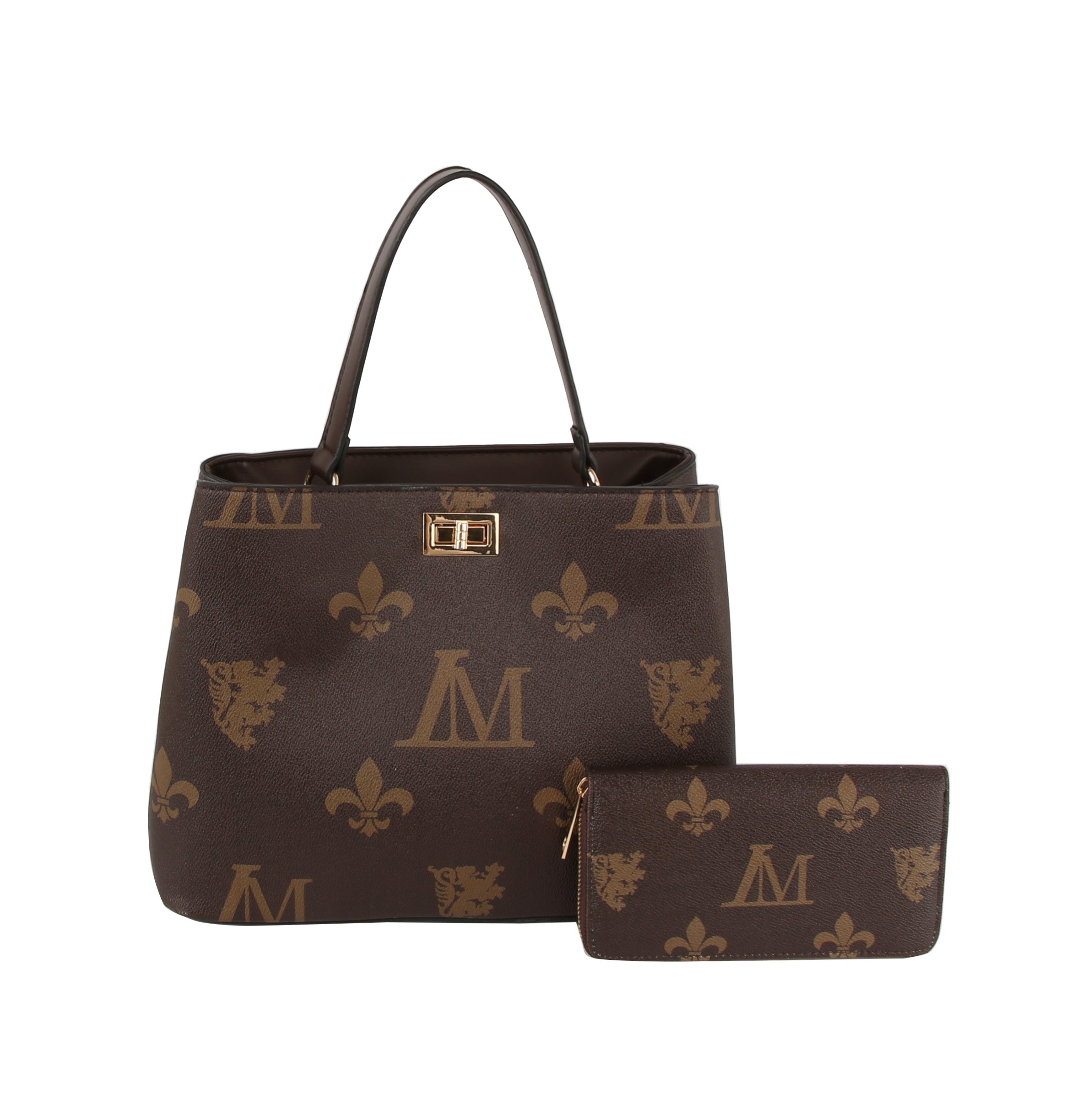 The Monogram Print Lux Faux Leather set includes a brown faux leather handbag with gold fleur-de-lis, lion, and A M monogram prints, gold-toned hardware, two top handles, and comes with a matching zippered wallet.