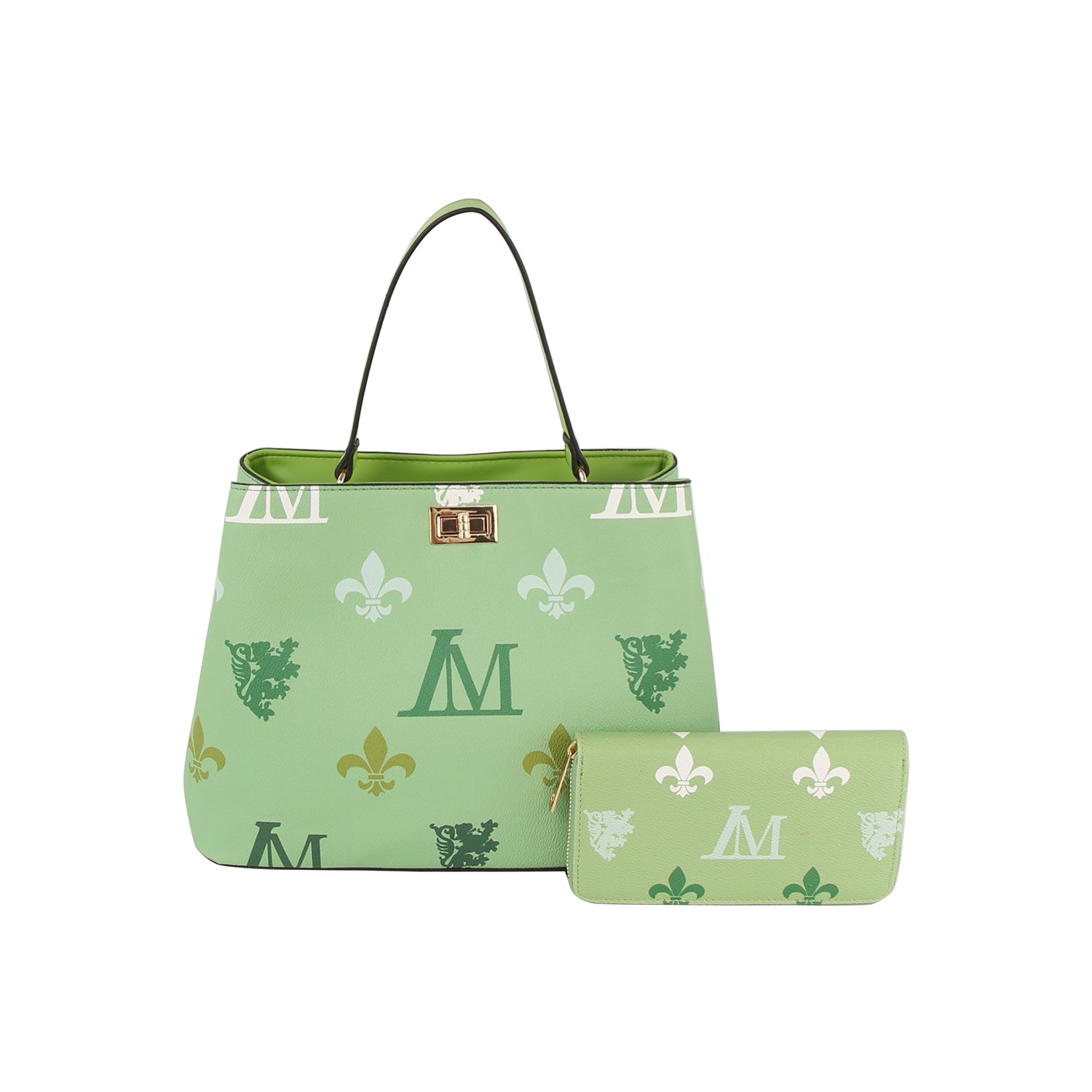 Monogram Print Lux Faux Leather set: light green designer handbag and matching wallet. Both show large white, green, and gold fleur-de-lis and M motifs. Tote features gold-tone hardware, clasp closure, top handles, and fits a tablet.