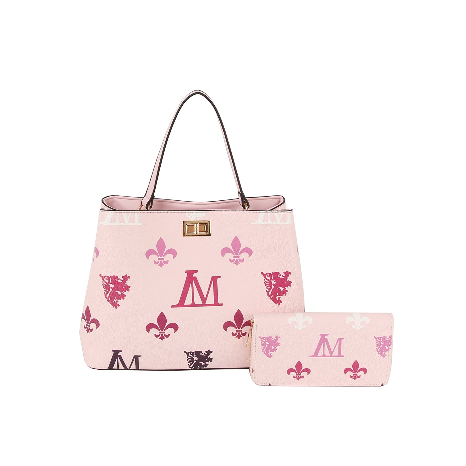The Monogram Print Lux Faux Leather set features a light pink tote and matching wallet, adorned with pink and purple fleur-de-lis, crests, and an M. The tote includes two handles, gold-tone hardware, and a gold clasp.