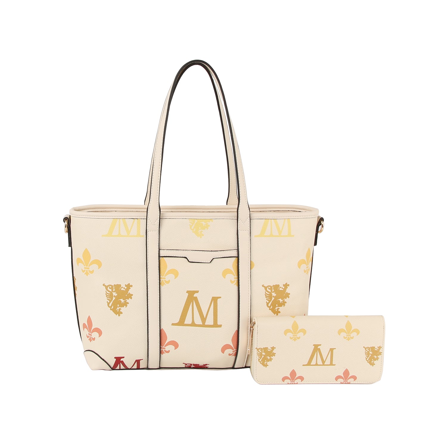 The Crest Emblem Classic Tote is a cream-colored handbag with an M monogram, gold, red, and yellow heraldic motifs, fleur-de-lis patterns, two handles, and an exterior pocket. Matching wallet available.