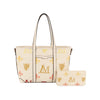 The Crest Emblem Classic Tote is a cream-colored handbag with an M monogram, gold, red, and yellow heraldic motifs, fleur-de-lis patterns, two handles, and an exterior pocket. Matching wallet available.